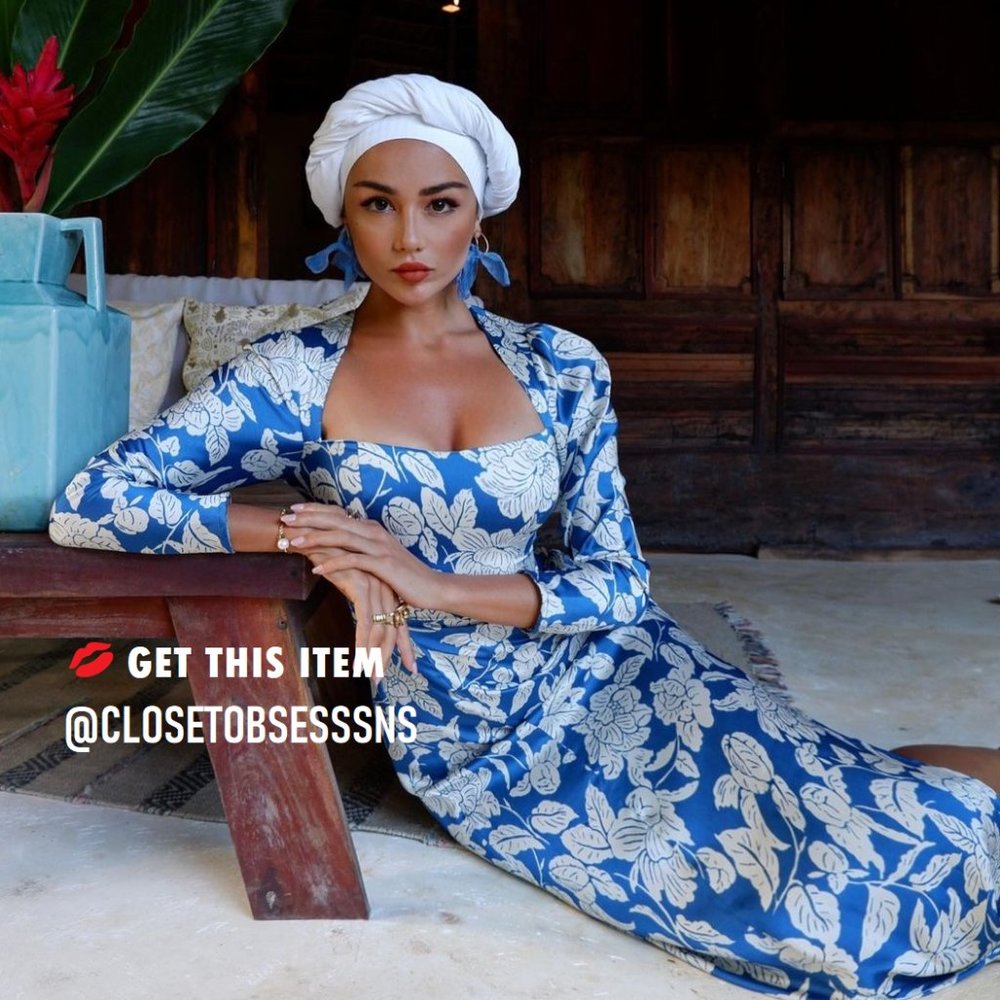 Zara Square Neck Midi blue white print dress*